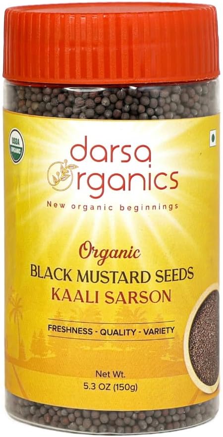 Darsa Organics Black Mustard Seeds 5.3 oz - Premium Quality USDA Organic Certified Black Mustard Seeds for Pickles, Curries, & Spice Blends, Non-GMO, Gluten-Free, Kosher packed in a BPA Free Jar