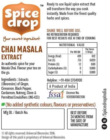 Spice Drop Chai Masala Extract (Tea Masala Drops), No Additives, 5 ml (Pack of 3 x 180 Drops)