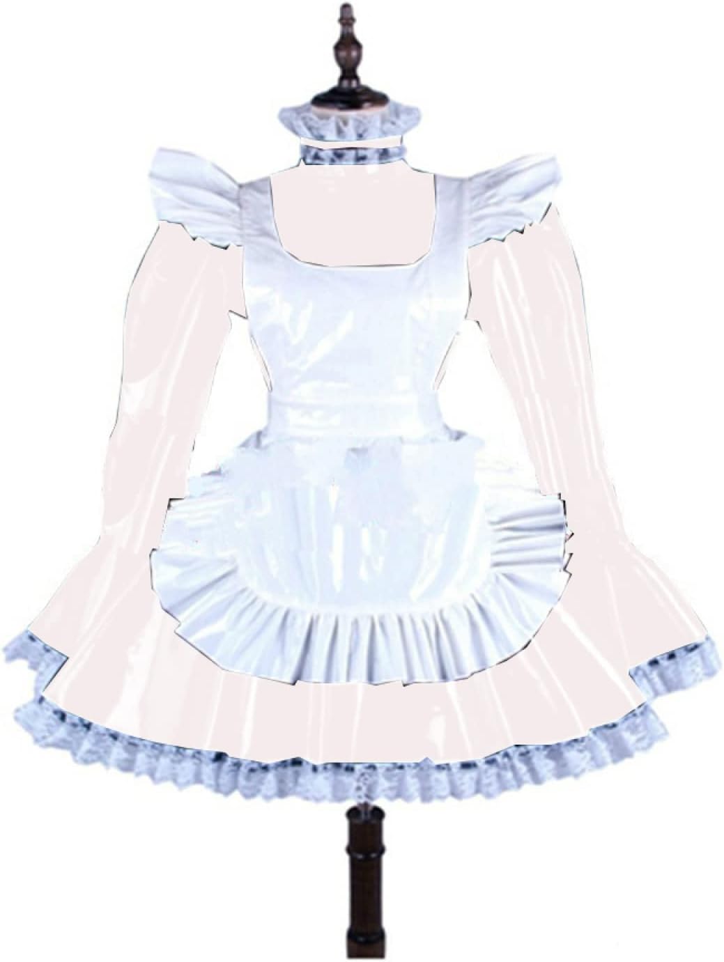 Plus Size Lace Trim Mini Dress Women Long Sleeve Dress with White Apron Valentine Costume,White,XXL