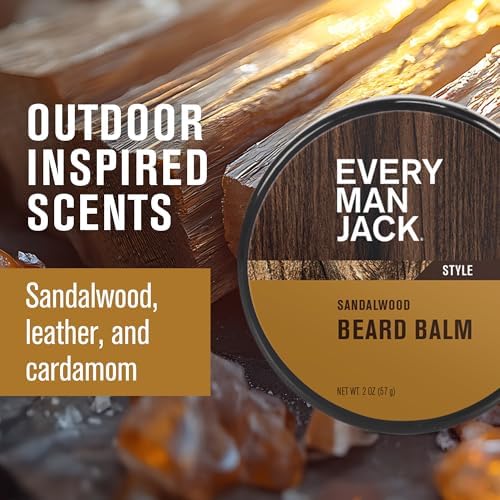 Every Man Jack Beard Styling Balm - Light Sandalwood Scent - Moisturize, Strengthen, and Style Your Beard - Medium Hold - Made w/Naturally Derived Ingredients like Candelilla Wax and Shea Butter - 2oz