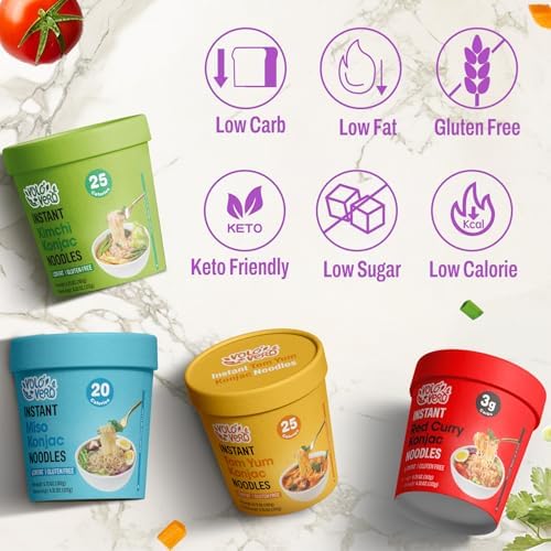 VOLO VERO Konjac Noodle Variety Pack - Tom Yum, Miso, "Spicy" Kimchi, Red Curry, 6 Packs, Gluten Free, Vegan, Low Carb Shirataki Noodles Angel Hair Instant Soup Cup, Quick Healthy Asian Meal