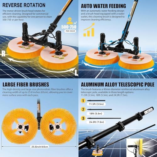25ft Solar Panel Cleaning Tool, Solar Panel Cleaning Brush and Pole Water Fed Pole Kit, Dual Head Electric Window Washing Equipment,Lithium Battery-7.5m/24ft