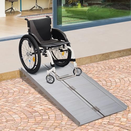 HOMCOM Wheelchair Ramp 4FT, Foldable Aluminum Threshold Ramp with Non-Slip Surface and Handle, 600lbs Weight Capacity, Suitcase Handicap Ramp for Home, Doorways, Curbs, Steps