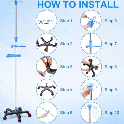 Medical Iv Pole with Wheels, Stainless Steel Adjustable 43.3" to 78.7" Height, Iv Stand with 4 Hook, 5 Caster Base, Tray & Hanging Net for Hospital, Home Infusion Practice and Therapy(Blue,Stylish)
