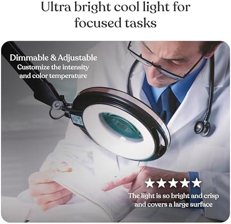 Brightech Lightview Pro Magnifying Glass with Stand & Light, Magnifying Floor Lamp with 6-Wheel Rolling Base for Facials & Lashes – Dimmable LED Work Light for Crafts, Sewing, and Projects - 3 Diopter