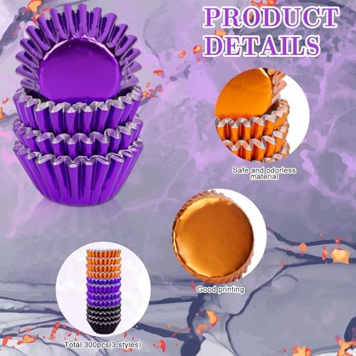 Whaline 300Pcs Halloween Mini Foil Cupcake Liners Black Purple Orange Mini Cake Paper Cup Foil Metallic Cupcake Wrappers Muffin Liners for Halloween Party Supplies Table Decor