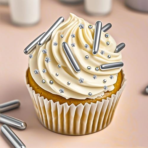 Twisweet Silver Pearl Rods Star Sprinkles, Edible Sugar Sprinkles for Cake Decorating, Mix Size Candy Pearls for Baking Cake Topper Ice Cream Cupcake Cookie Dessert Decorations, Wedding Valentines Birthday Christmas Easter Supplies (130g/4.58oz)
