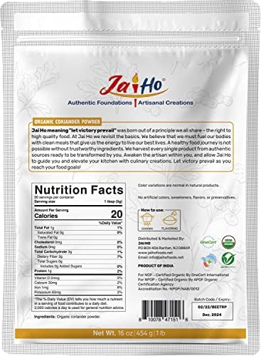 Jai Ho Certified USDA Organic Ground Coriander Powder – 1 LB – Gluten-Free, Vegan, Non-GMO – Resealable Zip Lock Pouch