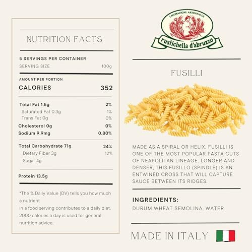 Rustichella d'Abruzzo Durum Wheat Fusilli Pasta, Authentic Italian Spiral Shape, Perfect for Rich Sauces, Salads & Baked Dishes, Neapolitan-Style, Dense Texture for Optimal Sauce Retention, Great with Shellfish, Tuna, Eggplant, 17.6 oz, 2-Pack
