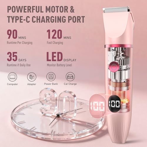 Bikini Trimmer for Women, 3-in-1 Electric Razors for Women, IPX7 Waterproof Rechargeable Cordless Pubic Hair Shaver, with LED Display, for Ladies Bikini Pubic, Face, Underarms, Legs(Pink)