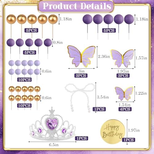 Knana 48PCS Purple Butterfly Cake Topper Set - Purple Balls, Crown, Butterfly, Pearl Bow & Gold Birthday Topper - Non-Edible Cake Decorations for Wedding, Baby Shower, Birthday Parties