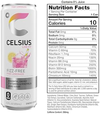 CELSIUS Fizz Free Pink Lemonade, Sugar Free Energy Drink, 12 Fl Oz (Pack of 12)