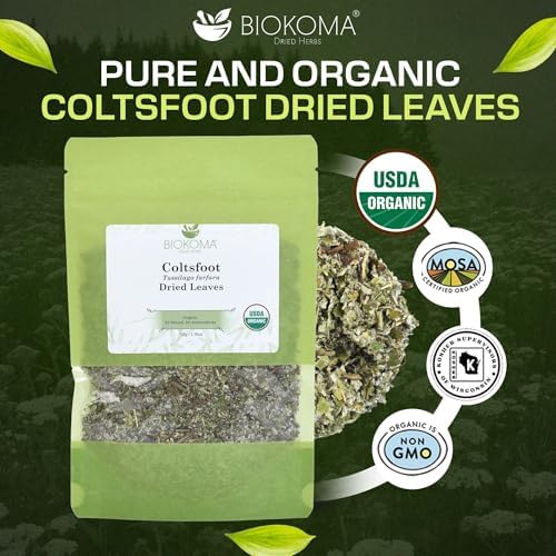 Biokoma Organic Coltsfoot Leaves 50g 1.76oz USDA Organic Tussilago farfara Dried Herb Cut & Sifted Respiratory Support Soothing Herbal Tea Resealable Bag No Additives No Preservatives No GMO Kosher