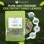 Biokoma Organic Coltsfoot Leaves 50g 1.76oz USDA Organic Tussilago farfara Dried Herb Cut & Sifted Respiratory Support Soothing Herbal Tea Resealable Bag No Additives No Preservatives No GMO Kosher