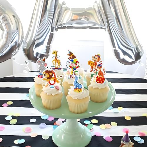 Ercadio 48 PCS Edible Circus Cupcake Toppers Circus Animals Cupcake Picks Magic Hat Elephant Horse Cake Decorations for Carnival Theme Baby Shower Kids Birthday Party Decor Supplies