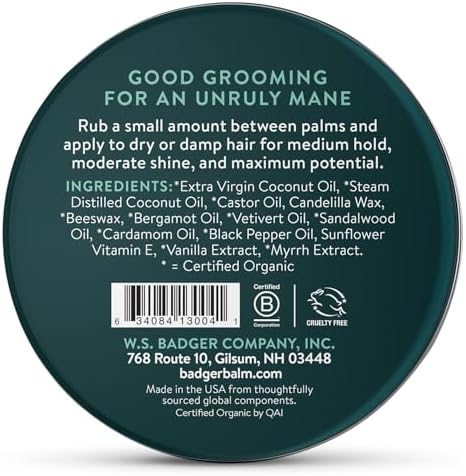 Badger Hair Pomade for Men, Organic, Easy to Use, Subtle Masculine Scent, Medium Hold Hair Pomade with Medium Shine Finish, Nourishes Hair & Scalp 2 oz Tin