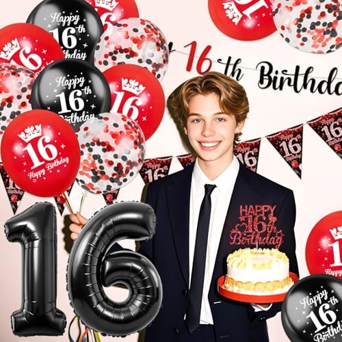 16th Birthday Decorations for Boys - 22Pcs Red Black Happy 16th Birthday Decor with Hanging Banner, Number 16 Balloons, Triangle Flag and Cake Topper for Teenager Sweet Sixteen Party Supplies