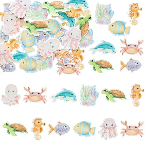 Ephlyn 54Pcs Edible Ocean Animal Cupcake Toppers Wafer Paper Under the Sea Animal Creature Cake Toppers Dessert Muffin Cake Pick Decorations for Baby Shower Birthday Party Supplies