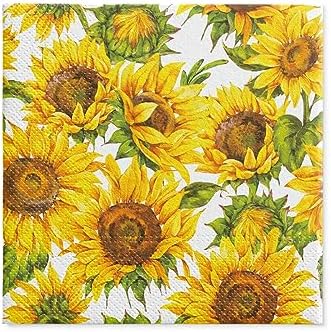 Paw Napkins 3-Ply (33 x 33 cm) I Pack of 20 I Perfect for Birthdays, Parties, Meetings I Autumn Table Decoration I Colourful Paper Napkins - Sunflowers Yellow Petals I Dancing Sunflowers