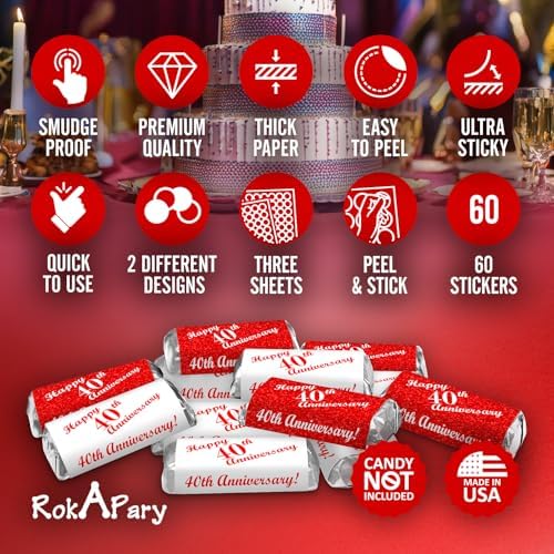 40th Anniversary Miniatures Candy Bar Wrapper, (Set of 60) Mini Candy Chocolate Bar Stickers; Red and White, Candy Not Included. Made in USA