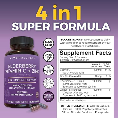 Viva Naturals Elderberry with Vitamin C and Zinc (120 Capsules) - 1000mg Sambucus Elderberry Immune Support Supplement, Black Elderberry Capsules for Adults, Elderberry Vitamins - 2 Months Supply