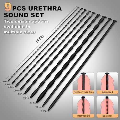 9-Piece Penis Plug Urethra Sound Male Sex Toys Catheter & Probe -Male Silicone Dilators Catheters & Sounds Set Penis Plug Urethral Training Waterproof Soft Silicone Construction