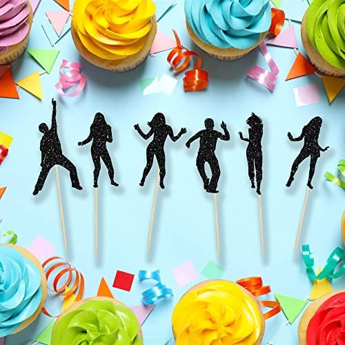 24Pcs Dancing Cupcake Toppers Glitter Dancing Hip Hop Theme Cake Toppers Birthday Cake Decoration for Wedding Anniversary Musical Party Supplies