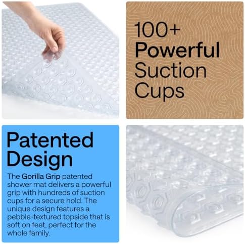 GORILLA GRIP Patented Square Shower Stall Mat, Small Bathtub Floor Mats for Stand Up Showers with Suction Cups and Drainage Holes, Machine Wash, Soft on Feet, Bathroom Accessories 21x21 Inch, Clear