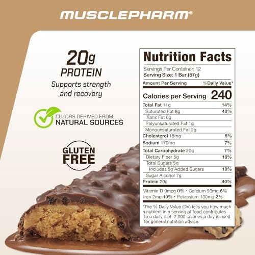 MusclePharm Combat Sport Bar, Chocolate Chip Cookie Dough, High Protein Bars, Combat Cravings, Fuel Performance & Meet Energy Demands, 20g Protein from Whey Protein, 5g Fiber, Gluten Free, 12 Bars