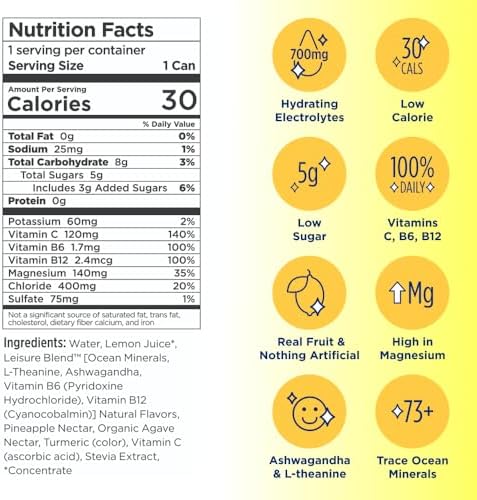 Leisure Hydration Non-Carbonated Electrolyte Refresher, Variety Pack - Low Sugar Nutrient Enhanced Water Beverage - Get The Best Hydration Packed w/ Magnesium & Ashwagandha For Mood & Stress Support, Non-GMO, 16 oz (12-Cans)