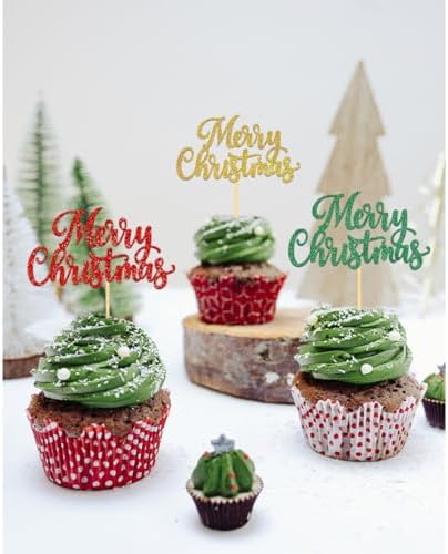 24 PCS Merry Christmas Cupcake Toppers for Christmas Decorations, Xmas Cake Picks for Party Supplies, New Year Ceremony Party Cake Decorations (Pattern C)