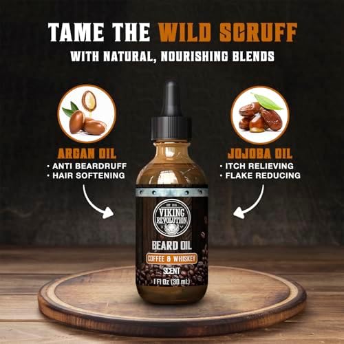 Viking Revolution Coffee Whiskey Beard Oil for Men -Natural Mens Beard Oil with Argan Oil and Jojoba Oil -Beard Softener,Strengthens and Moisturizes- Beard Conditioner for Men(Coffee Whiskey, 1 Pack)
