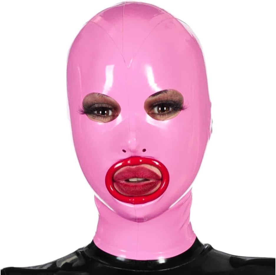 Latex Hood Mask Female Catsuits Full Cover Mask with Red Lip Rim Zipped Handmade