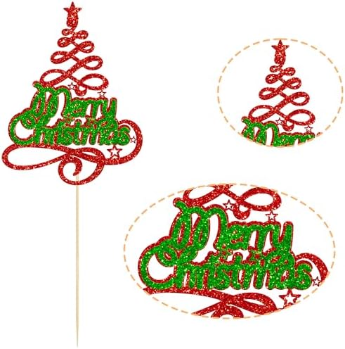 Gyufise 1 Pack Merry Christmas Cake Topper Red Green Glitter Xmas Tree Merry Christmas Cake Pick Decorations for Xmas Theme Happy New Year Party Supplies