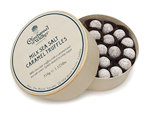 Charbonnel et Walker. Milk Sea Salt Caramel Truffles. Milk Chocolate Truffles With A Caramel And Sea Salt Centre Lightly Dusted In Icing Sugar. Very Large Box (1.125 lbs / 510g). Made in the UK.