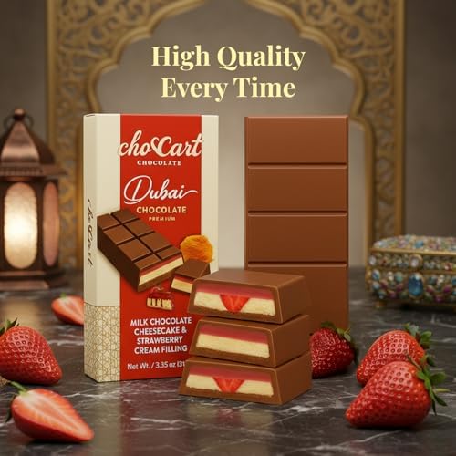 ChocCart Dubai Chocolate – Premium Milk Chocolate Bar with Cheesecake & Strawberry Cream Filling, Gourmet Middle Eastern Dessert Chocolate in Luxury Gift Box, Made in Dubai, 95g (3.35 oz)