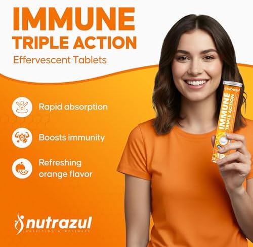 nutrazul Immune Triple Action Effervescent Tablets with Vitamin C 1000mg, Vitamin D, Zinc, Support Daily Routine, Gluten-Free, Sugar-Free, Lactose-Free, Orange Flavor, 20 Tablets, (Pack of 3)