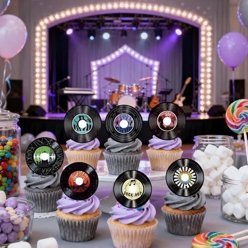 48PCS Edible Vinyl Record Cupcake Toppers Record CD Cupcake Music Lover's Birthday Cake Drink Topper Decorations Rock and Rock and Roll Music Cake Decorations