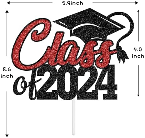 Aeryourtar Class of 2024 Cake Topper, Congrats Grad 2024 Graduation Cake Decor, High School/College Graduate Celebration Party Decoration Supplies, Black and Red Glitter