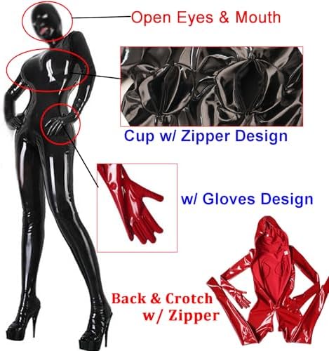 LESOYA Women Shiny Wetlook PVC Catsuit Leather Full Body Suit Zipper Bodysuit Attached Gloves