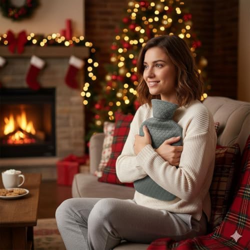 Fashy Hot Water Bottle with Gray Quilted Cotton Cover (67oz / 2L) – Made in Germany