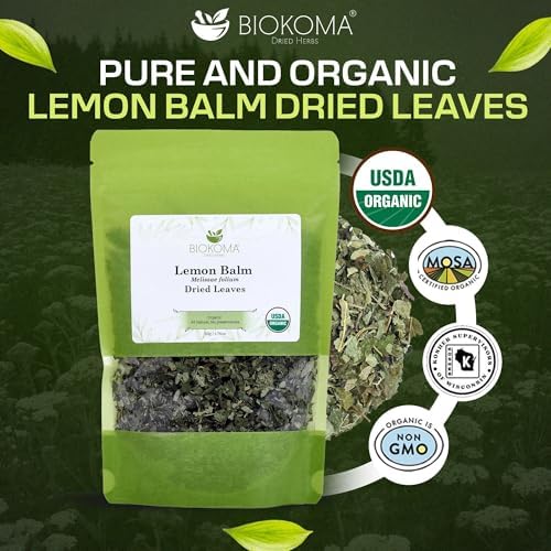 Biokoma Organic Lemon Balm Dried Leaves 50g 1.76oz Melissa Officinalis Loose Herb Calming Relaxing Sleep Digestive Support USDA Organic Herbal Tea Resealable Pouch Pure No Preservatives No GMO Kosher
