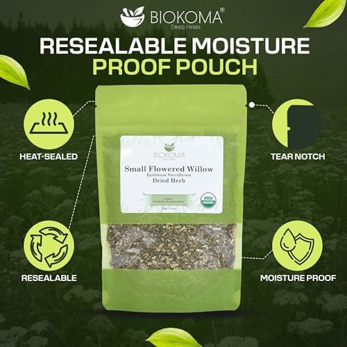 Biokoma Organic Small-Flowered Willow Dried Herb 100g (3.55oz) Epilobium Parviflorum Loose USDA Organic Herbal Tea Urinary Support Prostate Health Resealable Pouch No Additives No Preservatives Kosher