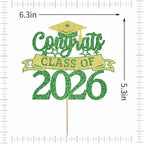 Glitter Class of 2026 Cake Topper，Congrats Grad Decorations， 2026 Happy Graduation High School/College/University Graduation Party Supplies Green and Gold