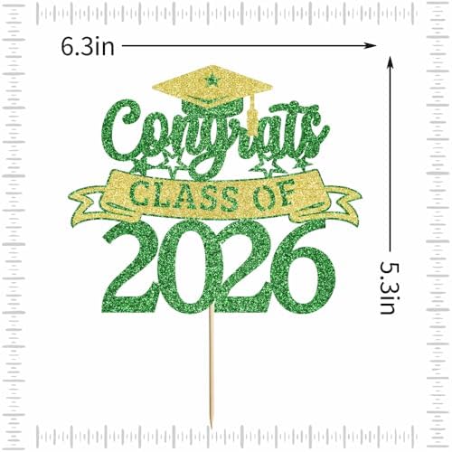 Glitter Class of 2026 Cake Topper，Congrats Grad Decorations， 2026 Happy Graduation High School/College/University Graduation Party Supplies Green and Gold