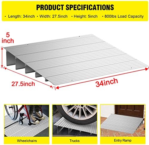 Door Threshold Ramp 5" Rise Door Ramp Aluminum Entry Ramp or Doorways Rated 800 lbs Load Capacity forWheelchair Scooters Power Chairs Walkers Metallic