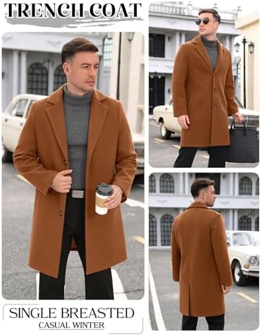 Men's Trench Coat Casual Single Breasted Long Pea Coat Notched Collar Warm Overcoat for Fall Winter with Pockets