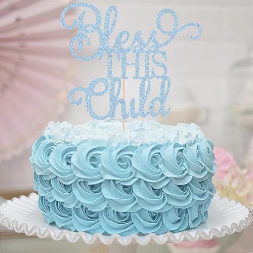 Bless This Child Cake Topper - Light Blue Glitter Chlid Christening Cake Decoration Supply - Smash Cake Topper for First Holy Communion Party/Baby Shower - Baptisim Cake Decor