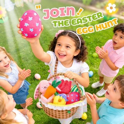 JoyCat Baby Easter Basket, Easter Gifts for Baby Girl Boys Toddlers Kids, 6 PCS Plush Sensory Playset with Bunny Chick Egg Carrot Tulip Toys, Rattle, Squeaker & Crinkle Plush Toys, Easter Egg Hunt
