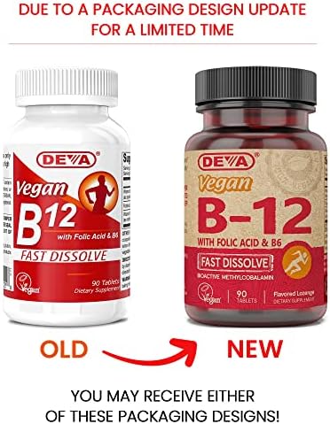 DEVA Vegan Vitamin B12 Fast Dissolve Supplement - Once-Per-Day Complex with 1000 Mcg Methylcobalamin B12, Folic Acid, B6 - Lemon Flavor - 90 Dissolvable Tablets,